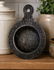 GOLD COIN FLOUR TIN METAL STRAINER.  RAISED LETTERS.  PROMOTIONAL ADVERTISING picture