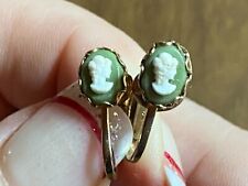 Vintage Mini Green Cameo Gold tone Clip Earrings 3/8