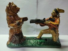 ANTIQUE / VINTAGE STYLE CAST IRON INDIAN SHOOTING BEAR MECHANICAL BOX BANK picture