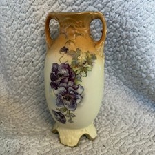 Antique Art Nouveau Double Handled Porcelain Vase Purple Flower Mold 1690 picture