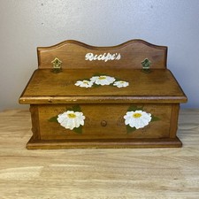 VTG Oak Recipe Box Hand Painted Flowers Rustic Country Cottage Core Large 2 Slot picture