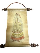 Vintage Persian Woman Traditional Painting On Leather Scroll Signed Wood Dowels picture