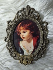Vintage Ornate French Gold Framed Picture Child Italy Blue Felt Back picture
