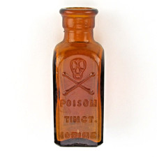 Antique Amber Poison Bottle Tinct Iodine Glass Bottle K6 Skull Crossbone Vintage picture