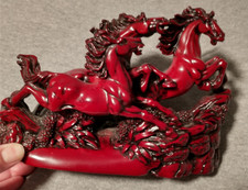 Vintage Chinese Three Running Horses Carved Red Cinnabar Statue Fire Horse picture