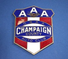 ANTIQUE PORCELAIN ENAMEL CAR BADGE EMBLEM AAA CHAMPAIGN COUNTY OHIO. 1930'S. picture