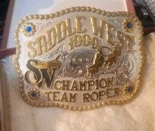 VINTAGE 1999 SADDLE WEST CHAMPION TEAM ROPER RODEO TROPHY BELT BUCKLE -FRONTIER picture