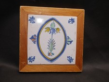 Vintage hand crafted painted Dutch Floral Polychrome Terracotta Tile - marked picture
