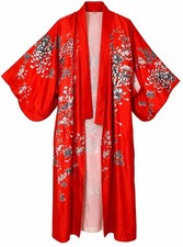 Vintage Japanese Kimono Robe 100% Silk Red Chrysanthemum Floral Made Japan picture
