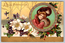 c1900s Happy Christmas Germany Flowers Girl Fur Embossed Postcard picture