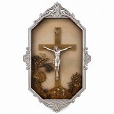 VTG 20” Catholic Crucifix Shadow Box Convex Bubble Glass Religious Wall Hanging picture