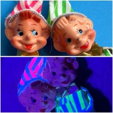 Vtg Set 2 Christmas Pixie Elf Ornaments Stripes Knee Hugger Florescent Glows JPN picture