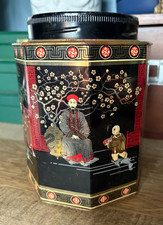 Vintage Octagonal Chinoiserie Tea Tin Caddy Black Lacquer-style finish England picture