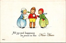 New Year Postcard Three Children Talking in the Snow Outside Wearing Clock Shirt picture