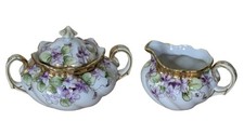 Nippon Hand Painted White & Purple Floral Sugar & Creamer Set Vintage picture