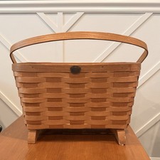 Peterboro Basket Co. Traditional Wood Knitting Basket w Handle Footed Magazine picture
