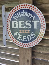 LARGE VINTAGE PILLSBURY'S BEST FEEDS PORCELAIN FLANGE FARM SIGN  17