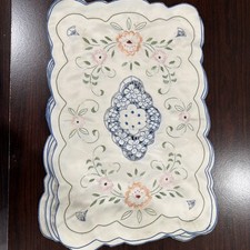 Set Of 7 Beautiful Blue & White Vintage Embroidered Placemats picture