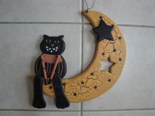 Halloween Wooden Black Cat & Moon Articulated Limbs Hanging Wall/Door Decor   picture
