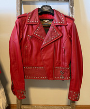 Harley Davidson Red Genuine Leather Studded Jacket Pants Matching Set Womens S picture