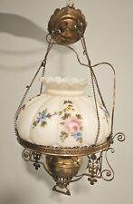 Antique Converted Aladdin Hanging Brass Lamp + Huge Melon Globe Shade 13 5