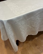 Stunning Vintage Irish Linen Double Damask Tablecloth 68x84 Floral Bows Luxe Vtg picture
