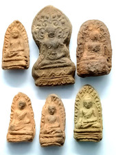6 Pcs Thai Buddha Amulet Clay Antique Vintage Magic Holy Pendant Collectible picture