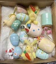 Vintage Wooden Easter Egg Ornaments Hand Painted Hanging Eggs Spring Lot Of 12 picture