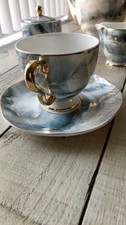 New Scizorito 15pc Bone China Tea Coffee Set Sea Mist Blue Floral Gold Trim Gift picture