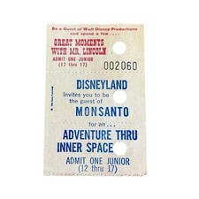 Vtg 60s Disney ticket.Great Moments w/Lincoln, AdventureThru InnerSpace Monsanto picture