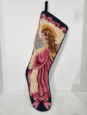 Vintage Christmas Angel Needlepoint Stocking With Blue Velvet Back picture