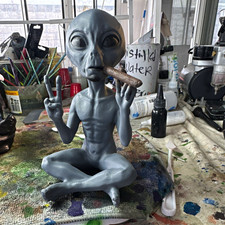 7” Gray Alien Figurine 3d printed Sitting Cross-Legged Holding Cigar Peace Sign picture