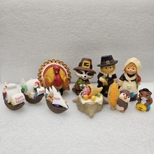 Vtg Set of 9 Hallmark Merry Miniatures Thanksgiving Figurines Pilgrims Turkey picture