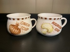 Vintage 70s Tangshan China Soup Mugs Set of 2 Onion Mushroom Cottagecore Cups picture