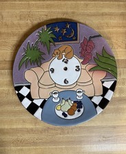 Judy Miller Studio Art Pottery Clock Plate 1990 Signed Cat Sofa Fruit Scene 10 picture