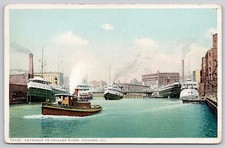 Chicago Illinois IL Chicago River Entrance Steamers Boats Postcard c1910s picture