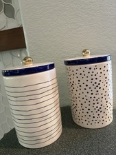 Pair Of Boutique Patterned Canisters Indigo By Magenta HTF Gold Knob EUC picture