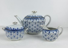 Antique Oscar Schaller Fleur De Lys Tea Set Porcelain Teapot Sugar Creamer Rare picture
