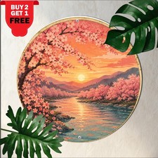 Japanese Cherry Blossom Sunset Riverbank Round Metal Sign Oriental Room Decor picture