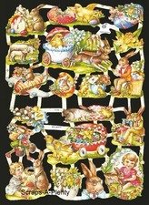 German Embossed Vintage Style Scrap Die Cut  Easter Chicks, Bunny & Eggs EF7174 picture