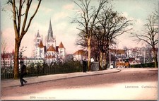 Antique Lausanne Switzerland Postcard Cathedral Street Tram Scene [AA] picture