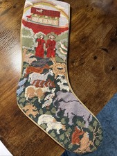 Noah’s Ark Needlepoint Christmas Stocking Ark Animals Dove Tan Velvet Back 22” picture