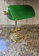 Vintage Bankers Office Desk Lamp Classic Green Glass Shade Brass Base Mid Centur picture