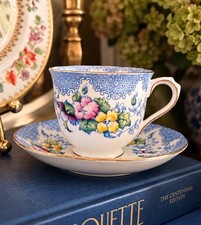 Vintage Royal Albert Bone China Floral Teacup & Saucer Blue Gold England picture