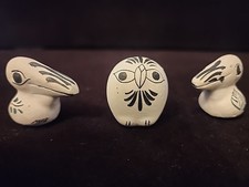 Tonala Mexican folk art pottery two birds & Owl figurines picture