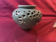 VTG Korean Celadon Double Wall Reticulated 4 Fish Pot Vase Signed picture