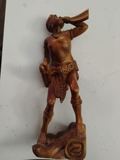 Hand Carved Wooden Tribal Warrior Blowing Horn 12 Inch Tall. picture
