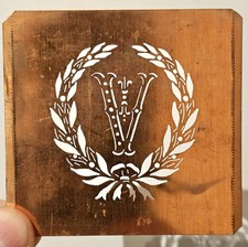 Antique Copper Monogram Stencil Letter V – Ornate Alphabet Plate c.1880–1920 V2 picture