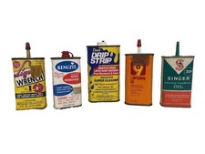 Vintage 5 Small Cans Lot - 3 Oil & 2 Stain Removers Singer Renuzit Hoppe’s picture
