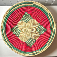 Vtg Handwoven Coiled Basket Bowl Pink Green Geometric Wall Decor African Art  picture